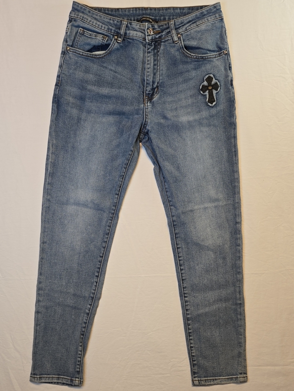 Chrome Hearts Blue Wash Slim Tapered Fit Jeans with Cross Patch Designs